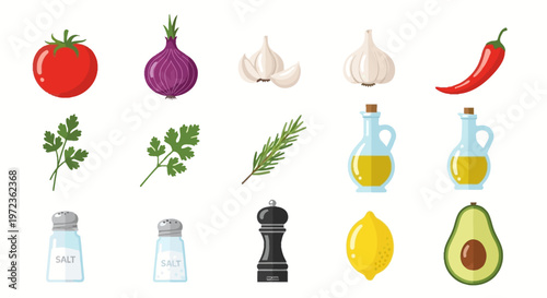 A vibrant illustration set of various food ingredients on a clean white background with herbs displayed.