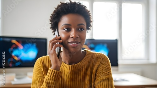 Young woman talking on phone in office with computer screens