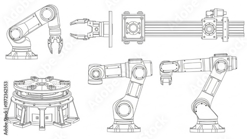 Industrial robot arm diagrams for automated manufacturing and assembly