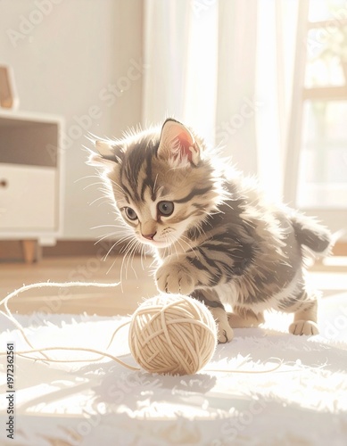 Tabby kitten pouncing on white yarn ball in sunlit room, playful pet photography
