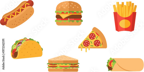A vibrant set of illustrations showcasing a hot dog, hamburger, fries, taco, pizza, sandwich, and burrito.