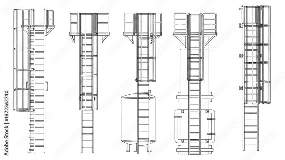 Obraz premium Industrial ladder systems and platforms for construction and manufacturing