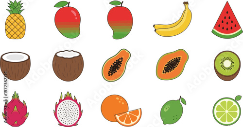 A colorful set of fruit illustrations on a white background including pineapple, apples, and more.