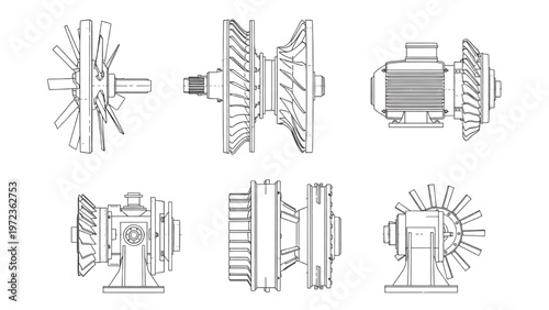 Technical Blueprint Collection of Rotating Machine Parts and Industrial Drive Components