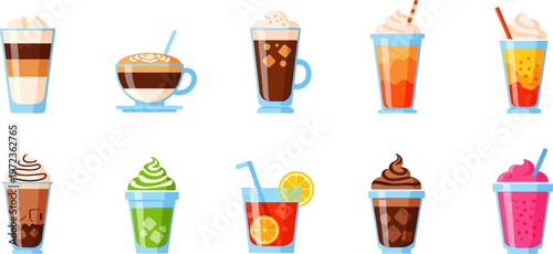 Colorful set of various drinks with straws and whipped cream on white background illustration
