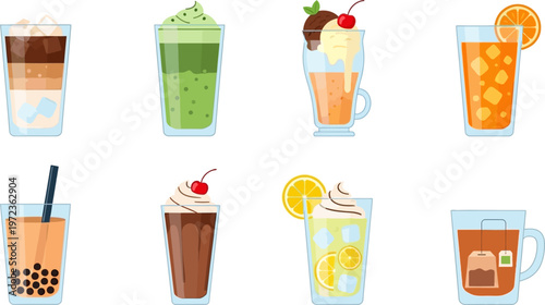 Illustrations of various drinks and beverages in glasses on a table setting