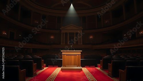 congressional. Empty congressional hall with a spotlight on a podium, cinematic lighting. real-estate listings, architecture portfolios, designed for interior renovation comparisons for interiors.
