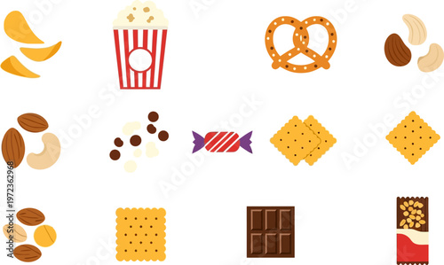 Illustration of various snacks including chips popcorn pretzels nuts candy crackers and chocolate on white