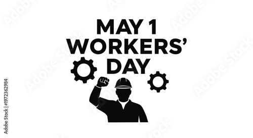 May 1 workers day illustration with gears fist and construction worker