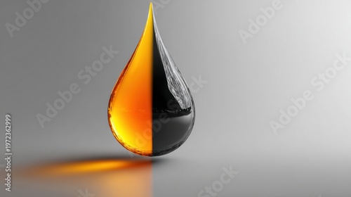 A conceptual rendering of a split oil drop, split in half with colors of light and dark