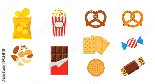 Colorful illustration of various tasty snacks on a white background including chips and candy