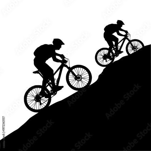 Mountain bikers descending steep hill. Silhouette of two mountain bikers riding down a steep hill on bicycles