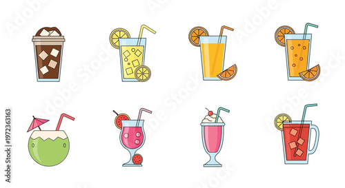 Colorful drink icons with straws and umbrellas on white background for summer.