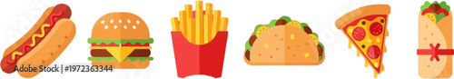 A colorful set of fast food items on a white background including hotdog burger fries taco pizza and shawarma.