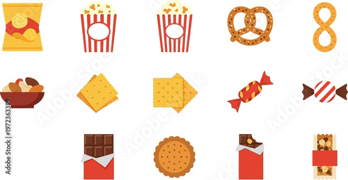 A colorful illustration set of various snacks and treats on a white background for design.