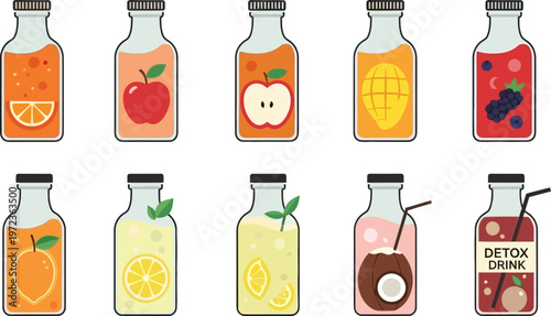 Illustration of various detox drinks with fruits like orange, apple, and berries in bottles.