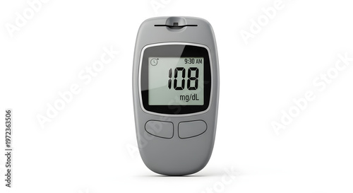 Essential portable blood glucose meter displaying 108 mg/dL, a critical device for daily diabetes management and personal health monitoring, isolated on a white studio background