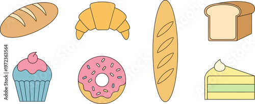 A colorful set of freshly baked bread and sweet treats on a white background illustration
