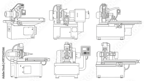 Industrial machinery drawings of different types of grinding machines