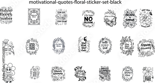 Hand Drawn Motivational Quote Sticker Set with Floral Line Art and Positive Sayings