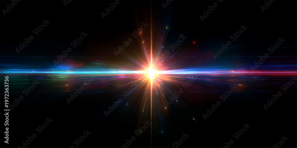 Fototapeta premium Captivating luminous cross flash with a burst of color. A vibrant explosion of light radiates across the dark void, evoking a sense of wonder and cosmic beauty.