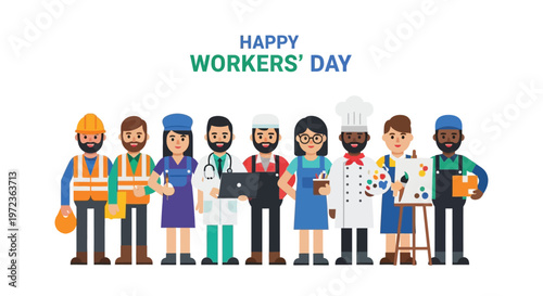 A diverse group of workers celebrate labor day with a cheerful illustration