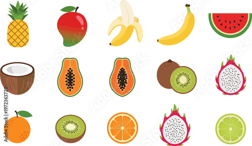 Vibrant fruit illustrations showcase pineapple, apple, banana, watermelon, and assorted tropical fruits.