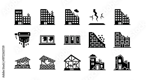 Black and white city buildings icons.