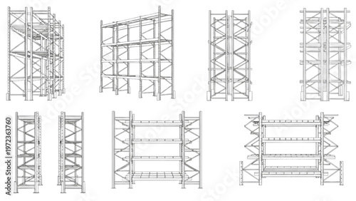 Various 3D models of empty industrial warehouse storage racks and metal shelving, isolated