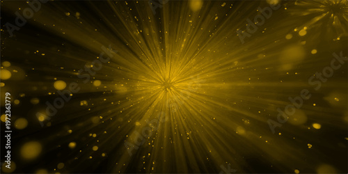 golden radiant beams emanate from a central point, illuminating particles in a dynamic burst of energy, in the backdrop of a dark space, symbolizing concepts of illumination and brilliance.