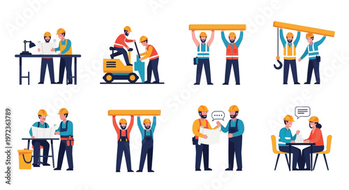 Construction workers collaborating on various tasks in a cartoon style illustration