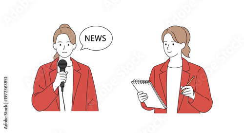 Female newscaster reporting with a colleague taking notes