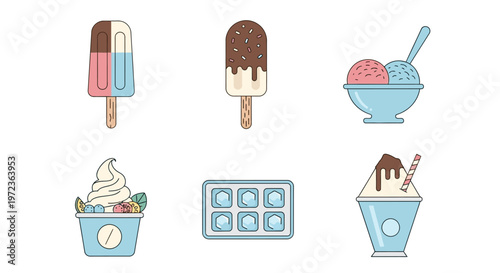 Colorful ice cream treats and dessert icons on white background with chocolate toppings