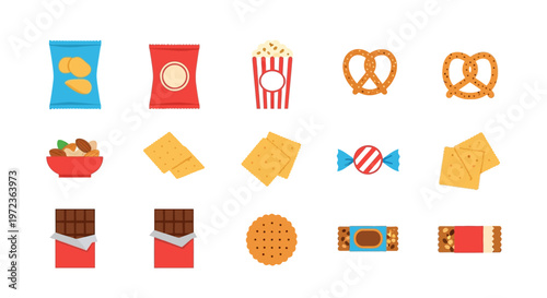 Colorful illustration set of various snacks on a white background for design