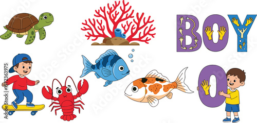 Cute underwater sea animals and coral collection with turtle, fish, crab and playful boys spelling BOY cartoon vector illustration for kids design