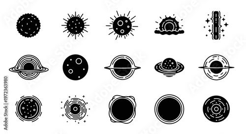 Black and white planet icons set.