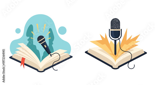 Open books with microphones representing podcasting and storytelling concepts