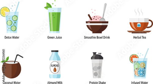 A colorful set of healthy drinks on a table includes detox water, green juice, smoothie bowl drink, herbal tea, coconut water, almond milk, protein shake, and infused water.