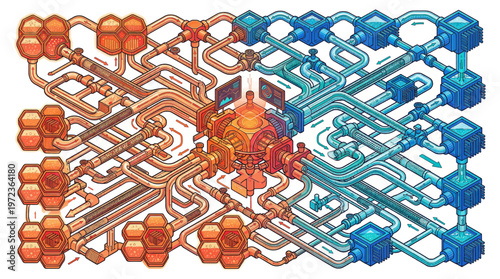 Vibrant circuit board illustration with orange and blue pathways.