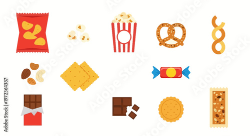 A colorful illustration set of various snack foods on a white background for design.