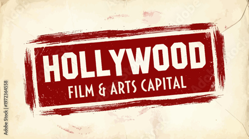 Bold white "HOLLYWOOD" text on textured red brushstroke background, cinematic theme, artistic design, entertainment industry, striking contrast, iconic style.