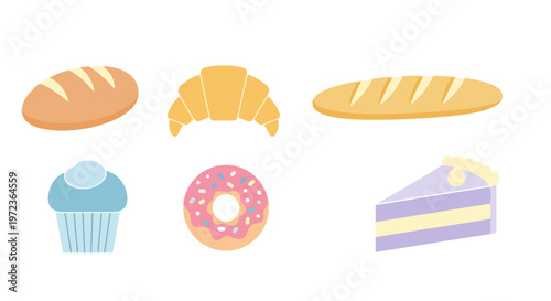 A colorful illustration of bread, croissant, baguette, cupcake, donut, and cake on a white background.