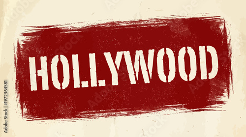Bold white "HOLLYWOOD" text on textured red brushstroke background, cinematic theme, artistic design, entertainment industry, striking contrast, iconic style.