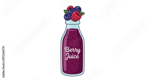 Illustration of a bottle filled with berry juice topped with fresh mixed berries on a white background.