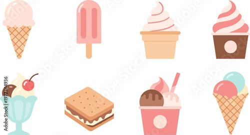 Colorful illustrations of ice cream, sundaes, and sandwiches on white background
