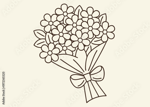 A brown line drawing showcases a bundle of several round-petaled flowers tucked into a cone wrapper that is finished with a small ribbon bow.