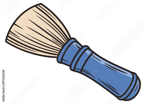A blue shaving brush with light tan bristles is displayed at a diagonal angle against a plain white background in a detailed vector illustration style.