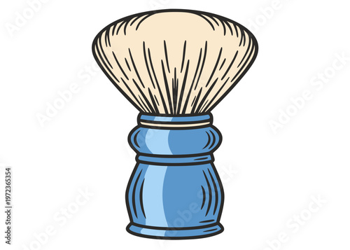 A flat vector graphic shows a front view of a grooming brush featuring a blue plastic handle and a symmetrical fan of beige-colored synthetic bristles.
