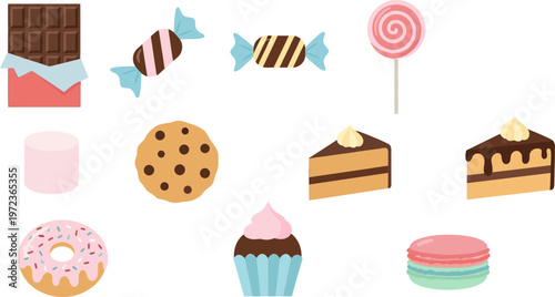 Colorful set of sweet treats arranged on a white background for dessert lovers to enjoy.