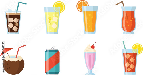 Colorful illustrations of drinks and cocktails on a white background